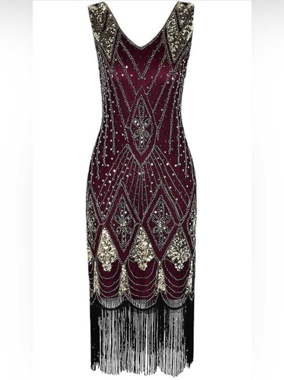 NWOT Burgundy & Gold Sequin Fringe Midi Dress Roaring 20’s Flappers Cosplay, XXL